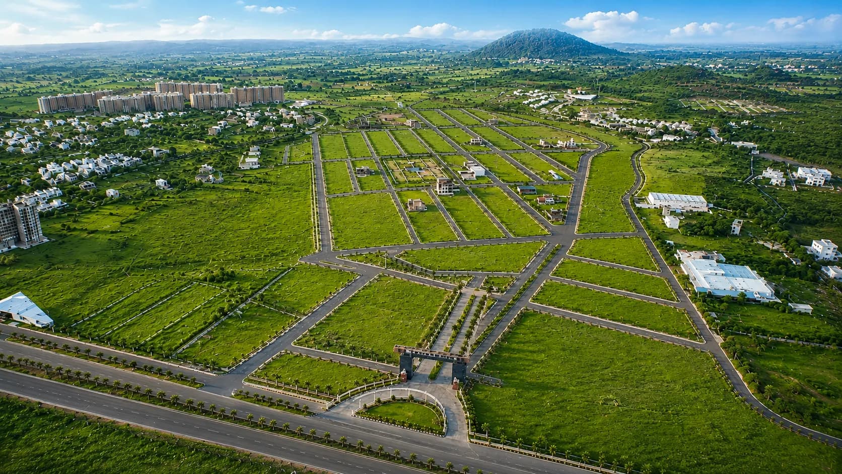 Aerial top view of the 105.5-acre Chinar Hills township