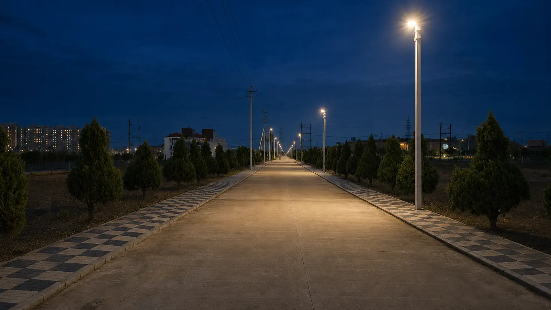 Illuminated internal boulevard with landscaped edges at night