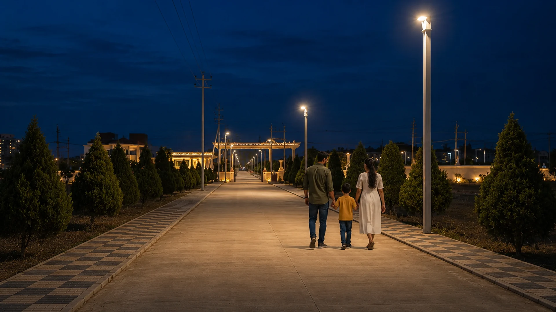 Family walking along a landscaped and illuminated township boulevard at blue hour