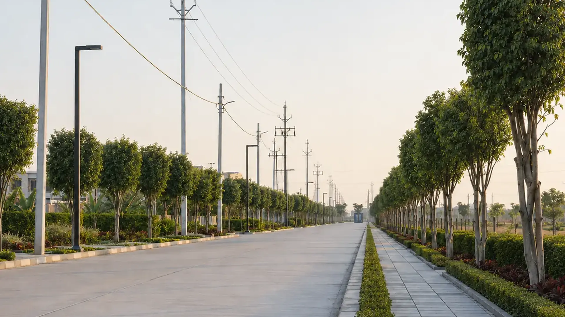 Wide internal township road lined with trees, hedges and street lights