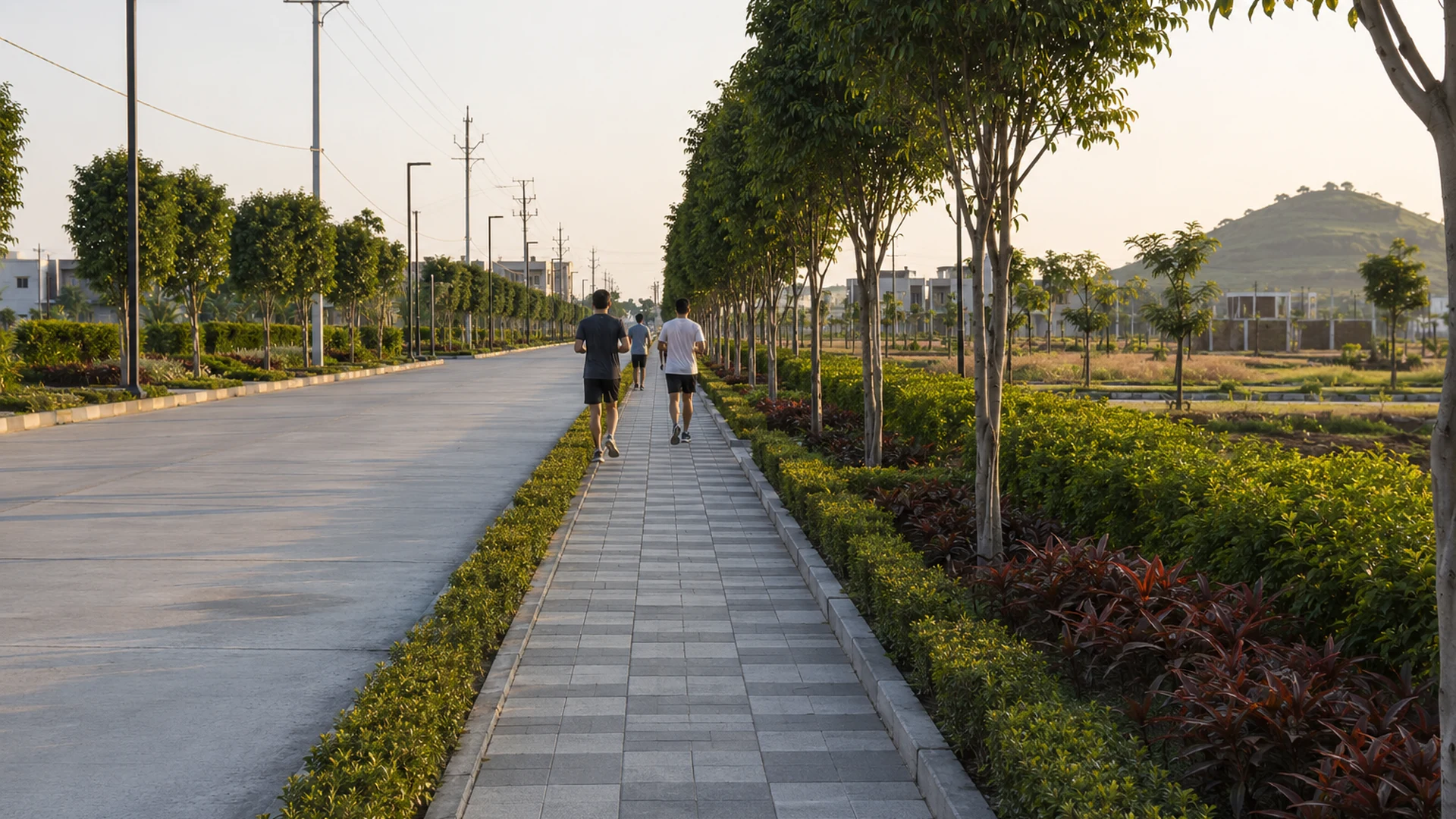 Residents walking and jogging along a landscaped township path in the morning