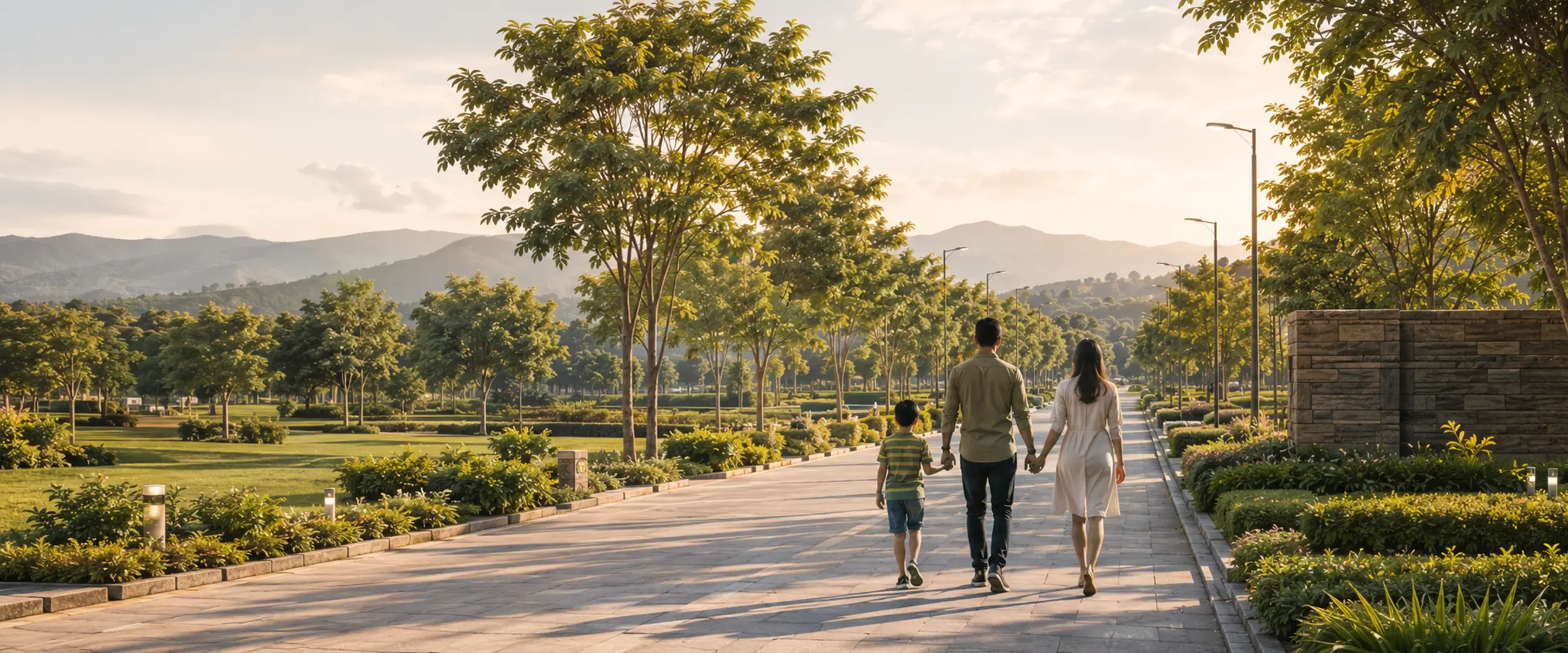 Indian family walking along a landscaped boulevard in a planned residential township