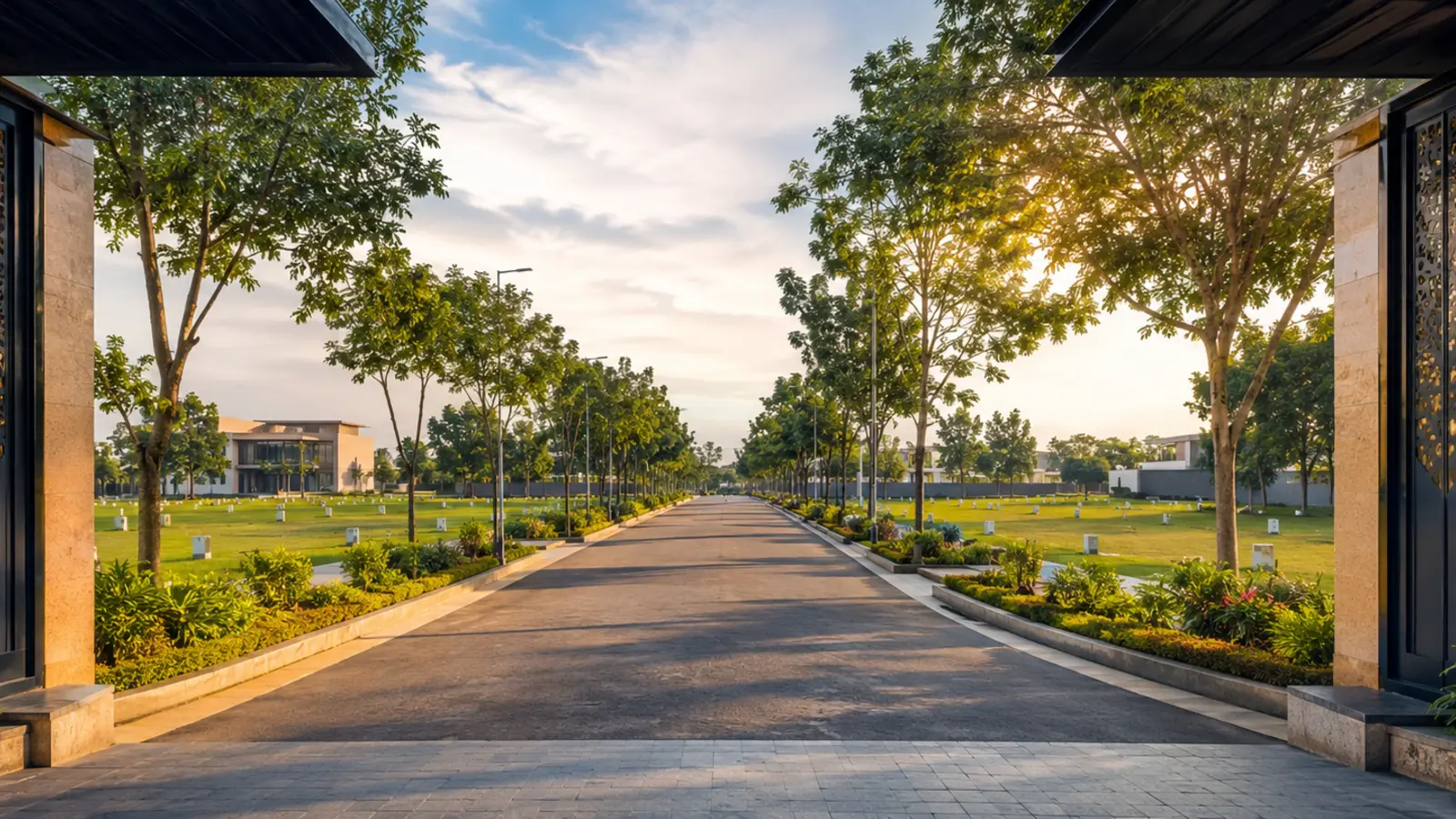 Landscaped entrance boulevard leading into a residential township