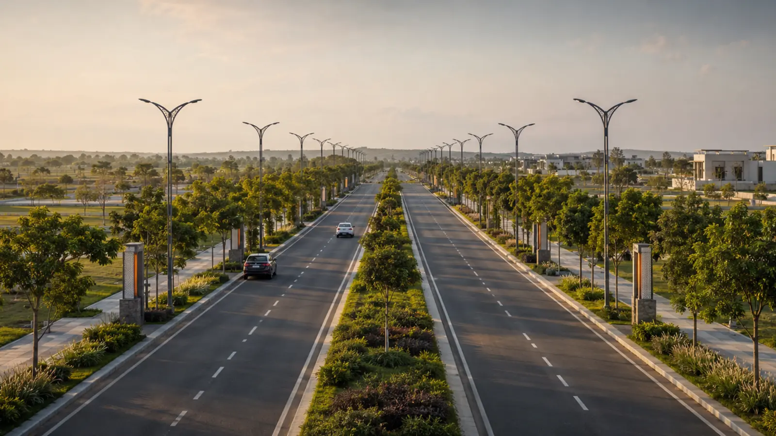 Wide landscaped internal road in a planned residential township