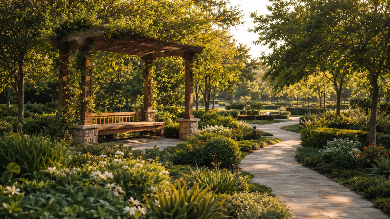 Timber pergola and walking path in a landscaped community garden