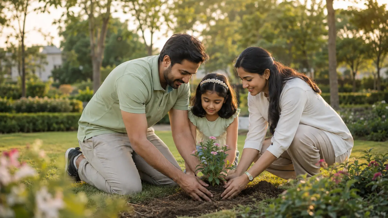Indian family planting a flowering sapling together in a garden
