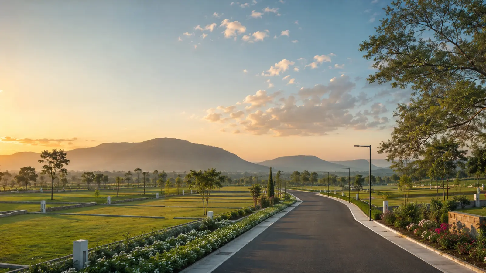 Green tree-lined boulevard with landscaped plot edges