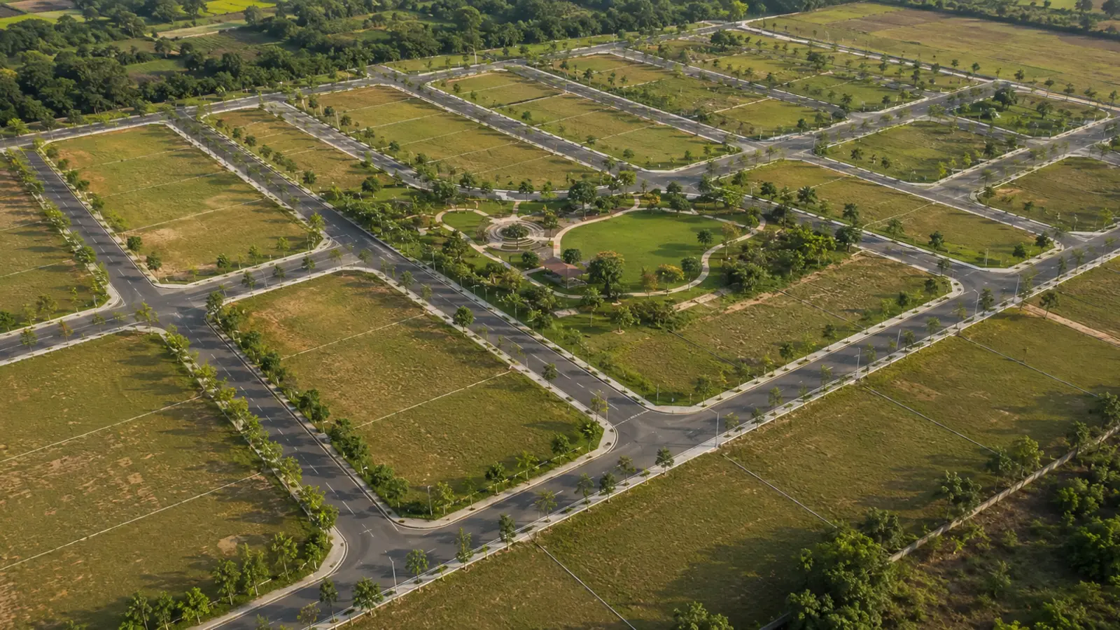 Aerial master plan overview of planned residential plot layout