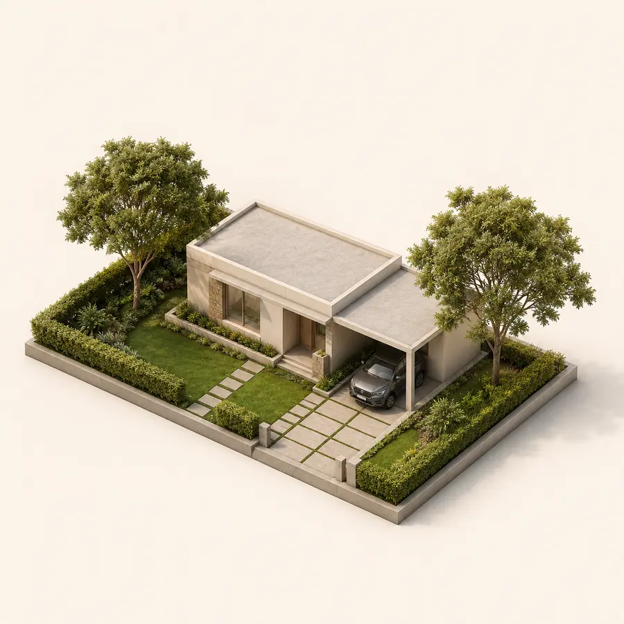 Conceptual compact residential plot with a family home, lawn and parking