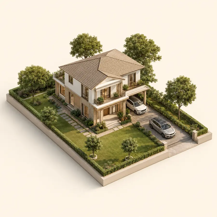 Conceptual medium residential plot with balanced open space, garden and parking