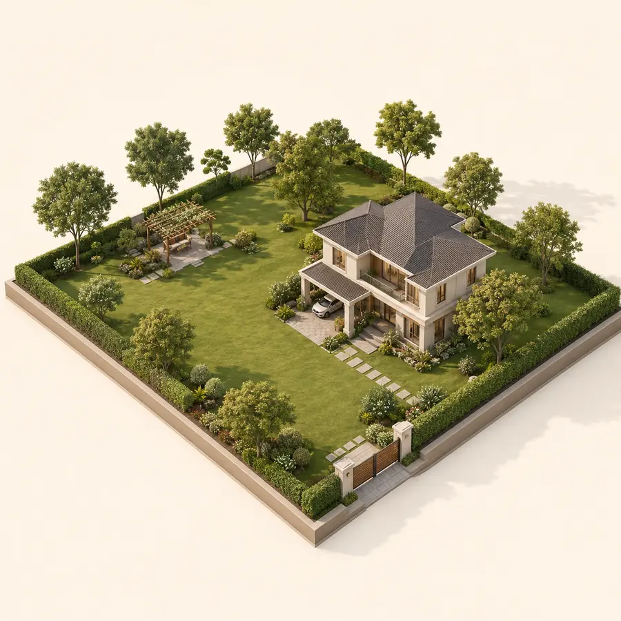 Conceptual spacious residential plot with generous landscaped open space